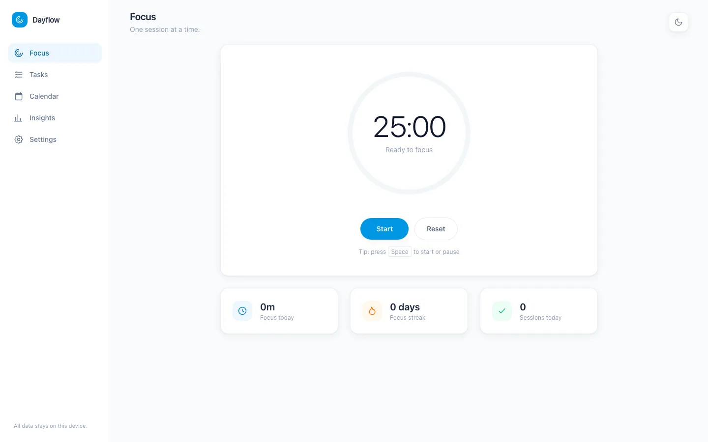 Dayflow — lokales Produktivitäts-Dashboard — Ansicht 2